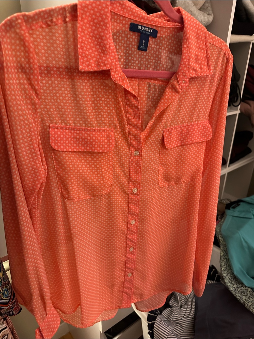 Old Navy Bright Coral Button-Down Shirt with White Dot Print